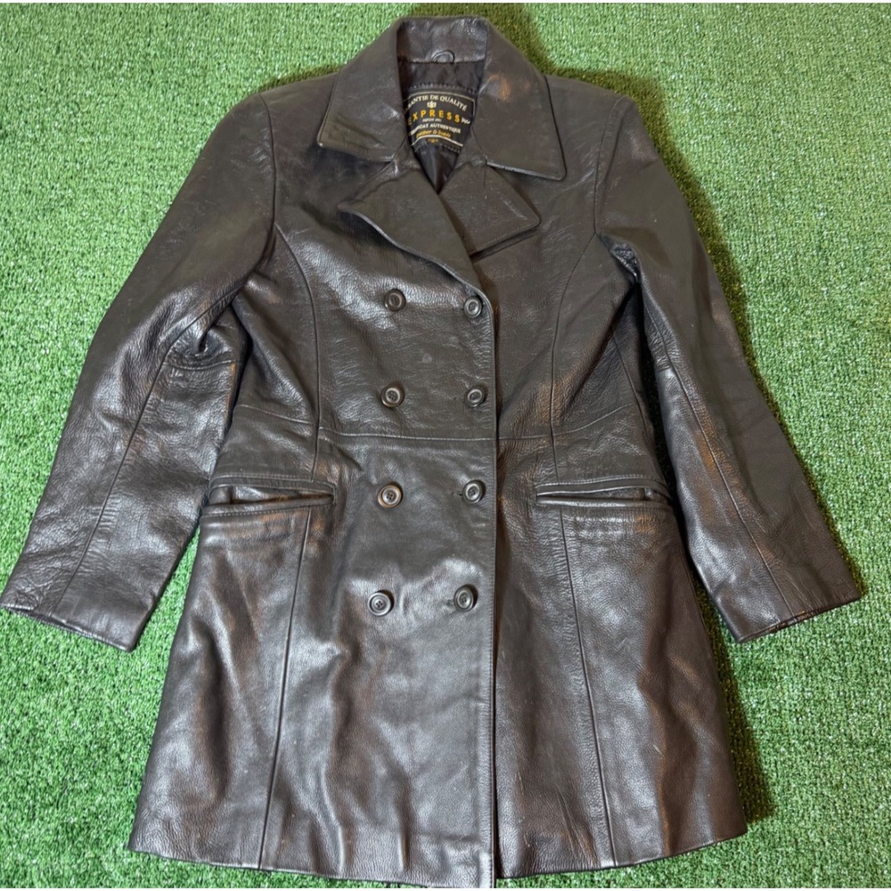 Vintage Express Black Leather Trench Coat Double Breasted Pea Jacket Womens M